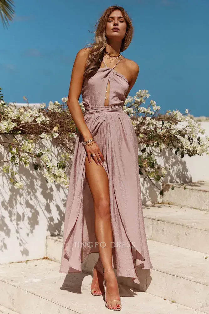 Elegant Halter Neck Cutout High - Slit Maxi Dress Prom Dress